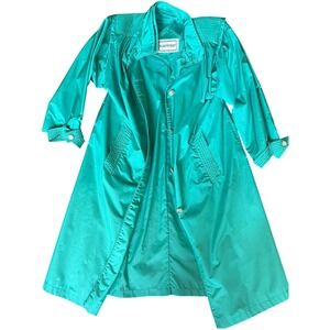 Vintage Fleet Street Teal Green Nylon Long Trench Coat Pleated 80s Slicker Sz 10